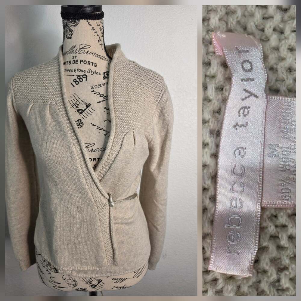 Rebecca Taylor Wrap Sweater Top SZ M Wool Blend Tan Classic Capsule Office Siren